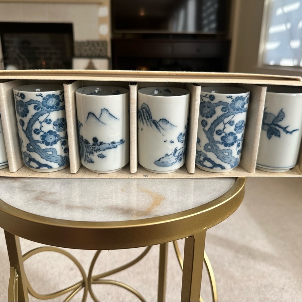 Set of 6 Vintage OMC Japan Blue & White Porcelain Sake Cups | New in Box